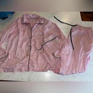 Cats pajamas 2 Pc solid pink black piped button top bottom cotton s collar pant